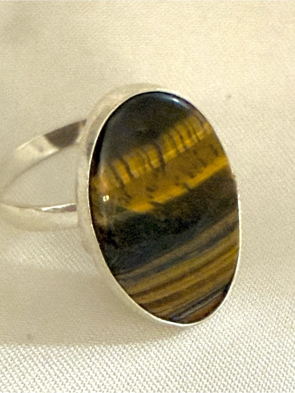 Genuine Tiger’s Eye Ring Silver Tone Statement Boho Artisan Style Sz 8